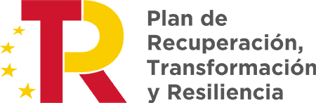 Logotipo del "Plan de Recuperación, Transformación y Resiliencia" de España con una R estilizada en rojo y amarillo y cinco estrellas amarillas a la izquierda.