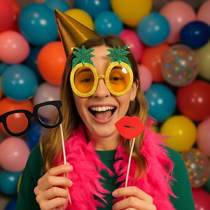 Una mujer que lleva unos novedosos vasos con forma de piña y un sombrero de fiesta, sosteniendo accesorios de papel, está parada frente a una pared de globos de colores.