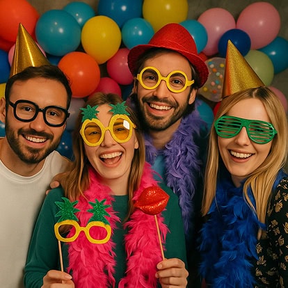 Cuatro personas vestidas con disfraces coloridos, sombreros de fiesta, gafas divertidas y boas de plumas sonríen delante de un fondo decorado con globos.