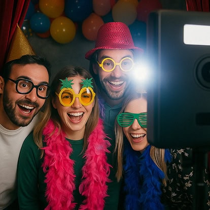 Cuatro personas vestidas con disfraces coloridos y gafas novedosas posan y sonríen para una foto en un fotomatón, con globos y una cortina de fondo.