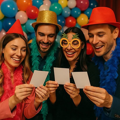 Cuatro personas con coloridos sombreros de fiesta, boas y vasos novedosos miran impresiones fotográficas mientras están de pie frente a un fondo con globos.
